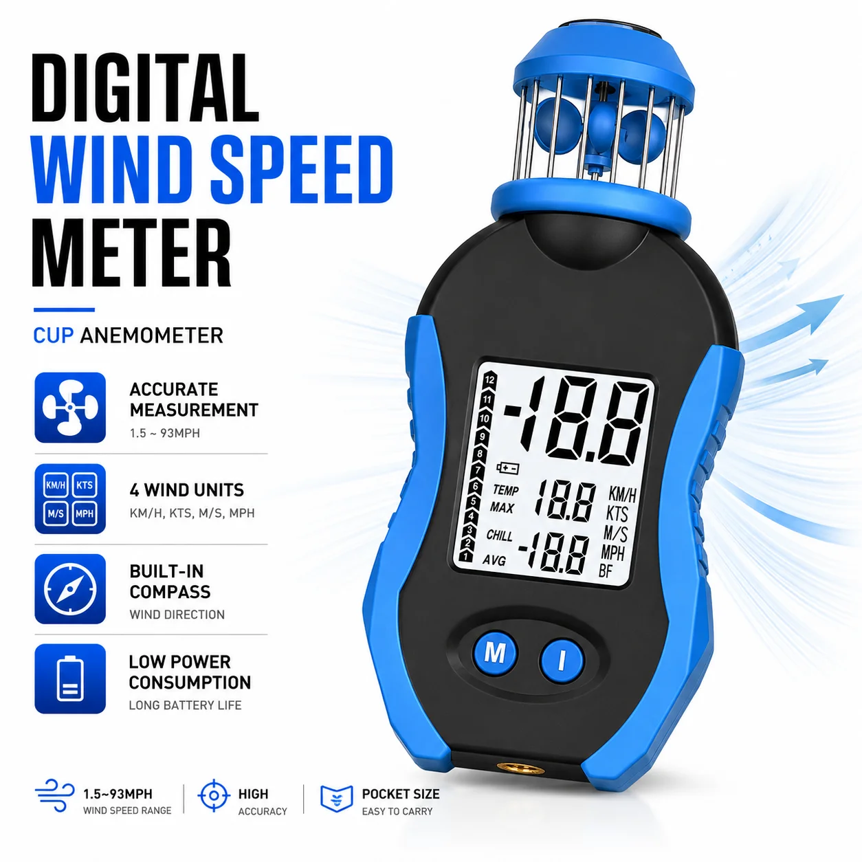 

HoldPeak HP-876A Digital Cup Anemometer Wind Speed Meter Handheld Air Flow Velocity Gauge HVAC CFM Air Volume Tester Tool