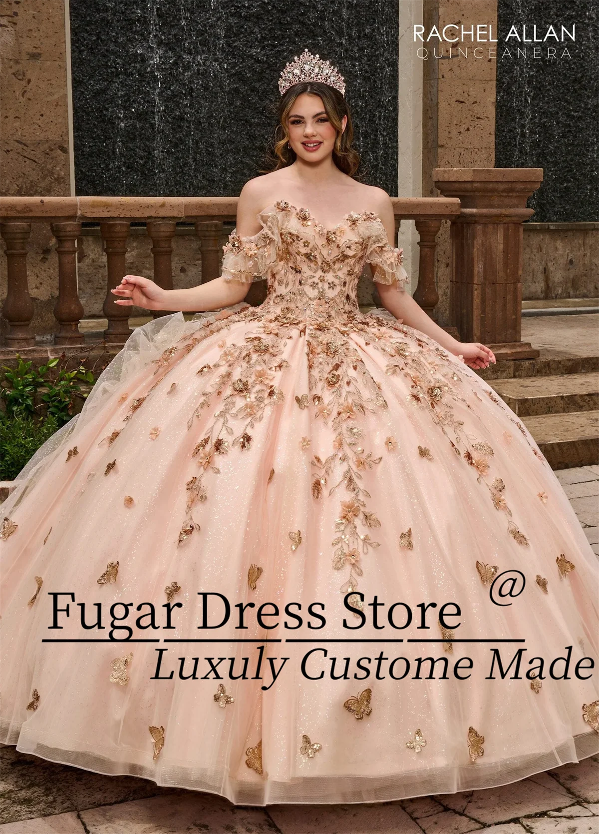 Blush Pink Rose Gold Quinceanera Dresses 3D Flower Lace Decal Sweetheart Collar Removable Shoulder Strap Vestidos De 15 Anos 24