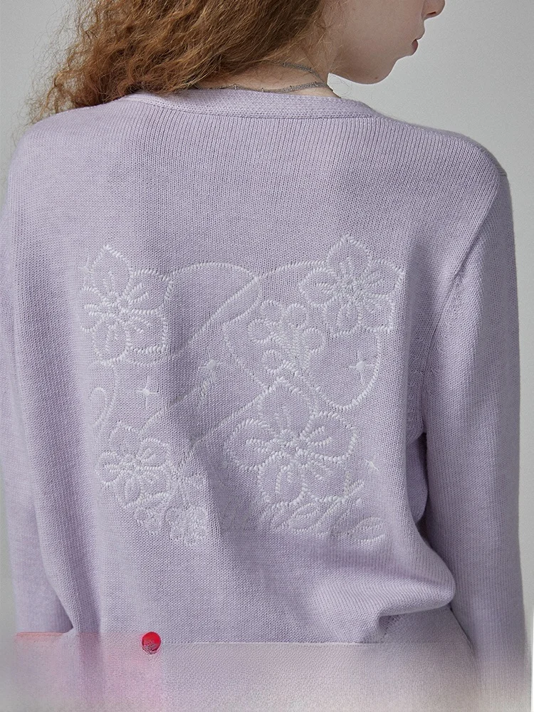 

Женский кардиган свободного кроя из шерстяного трикотажа с длинными рукавами, вышивкой в виде цветов, цвета сиреневый, осенний, в стиле Lazy Feel Top