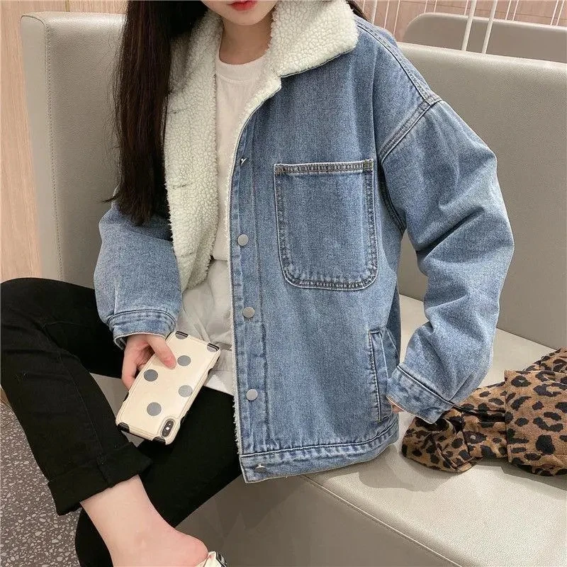 Warm Denim Jacket Women\'s Autumn Winter 2023 New Korean Lamb wool Plush Thicken Loose Jeans Jackets Casual Female Basic Coat