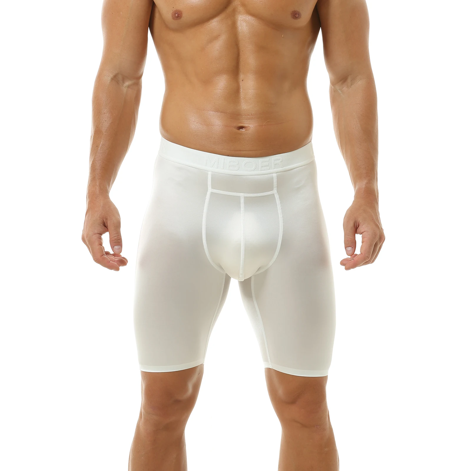 Lange Boxershorts für Herren, glänzende, glatte Satin-Unterwäsche mit U-förmigem, konvexem Taschen-Design, mittellange Boxershorts, breiter Bund, seidige Schlafbekleidung – Detail 13