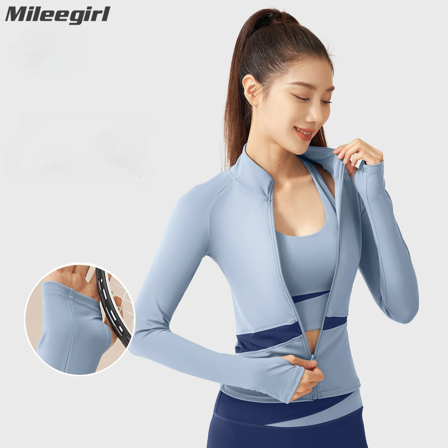 

Женские рубашки для йоги Mileegirl контрастного цвета, спортивная куртка с длинными рукавами, топ для тренажерного зала и фитнеса на молнии спереди, тонкое тренировочное пальто с воротником-стойкой