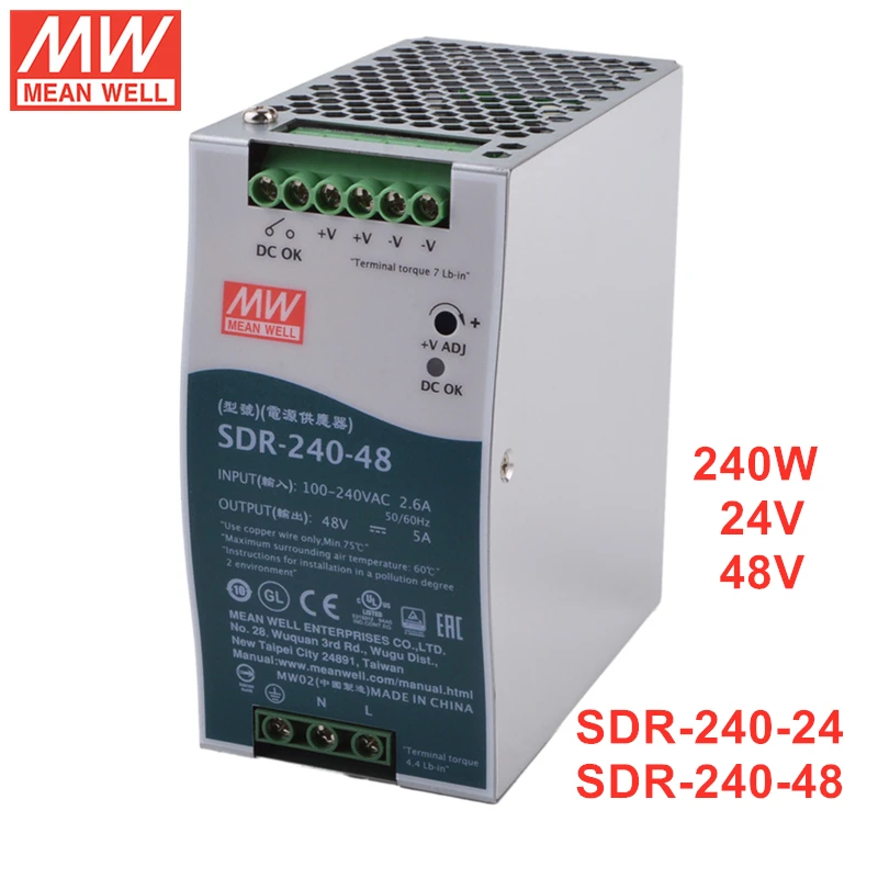 

MEAN WELL SDR-240 Series 240W Single Output Industrial DIN RAIL Power Supply with PFC Function SDR-240-24 SDR-240-48