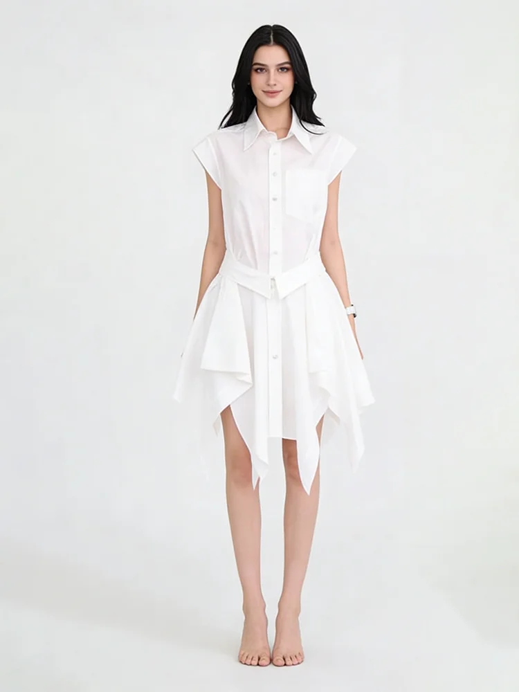 

Nova Women's Irregular Hem Shirt Dress Summer Sleeveless Button Down Belted Waist Casual Mini Dresses for Ladies