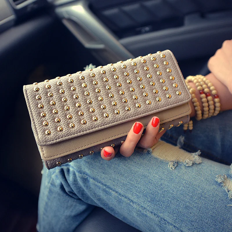 New Fashion Female Wallet For Women Rivets Teen Girl Female Wallets Phone Pocket Purse Pu Leather Card Holder Clutch Money Bag