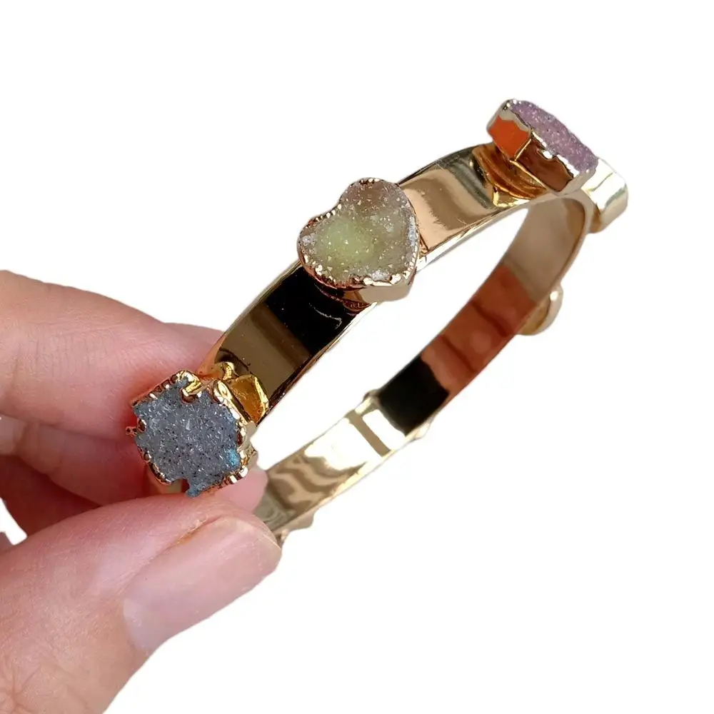 KKGEM  11mm Natural Agate Druzy Multi Shape Gold Color Bangle Bracelet Jewelry Gift For Women