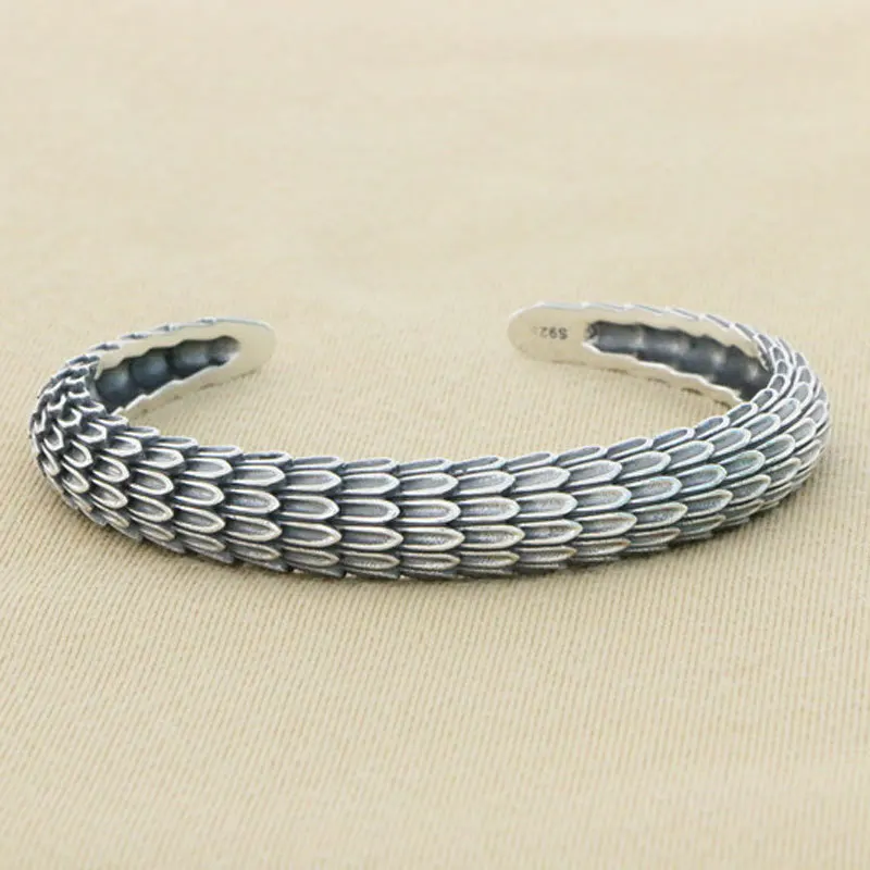 Retro Personalized 925 Sterling Silver Dragon Scale Bracelet for Men's Trendy Brand Chinese Style Jewelry, Unique Design, Open B