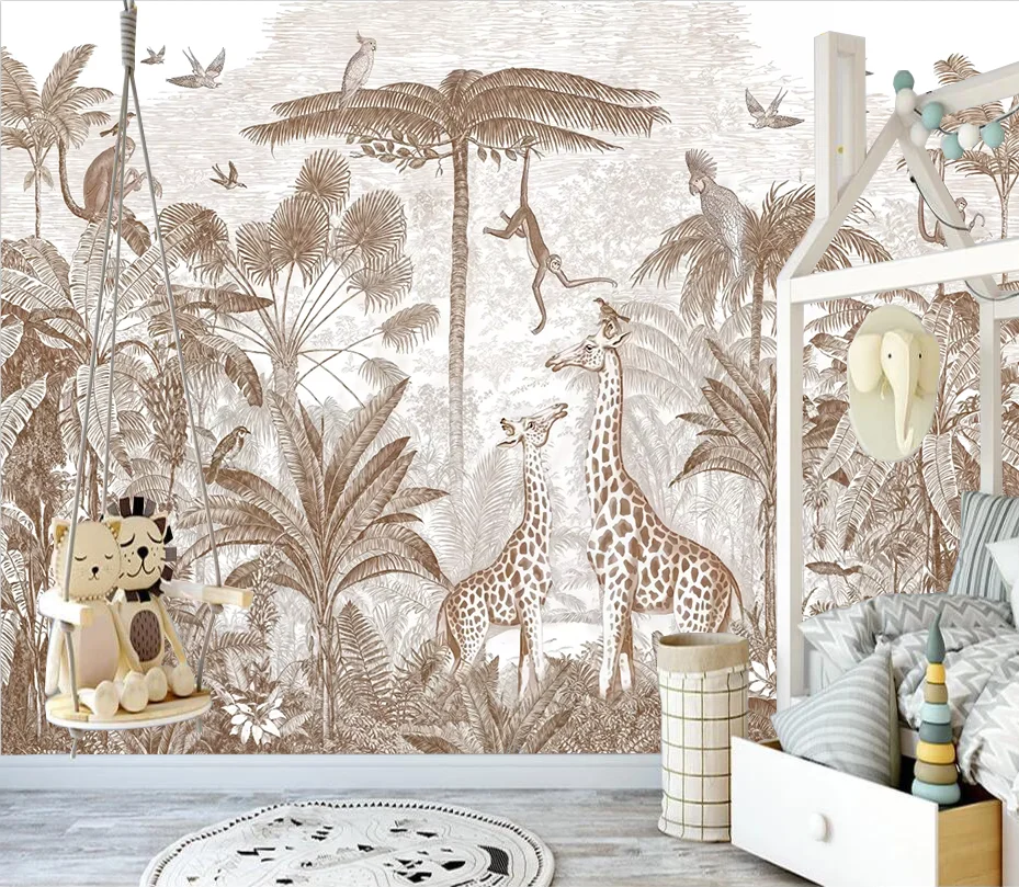 

Nordic modern hand-painted Animal Giraffe Southeast Asian Forest custom mural wallpaper children's room background wallpaper