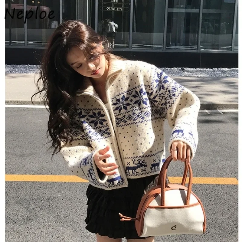 Neploe Vintage Gentle Snowflake Zipper Stand Collar Knit Sweater Coats Femme 2024 Autumn Winter Japanese College Style Cardigan