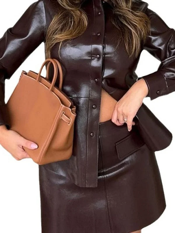 Ele round Ne ort 가죽 재킷과 스커트 세트 iny Surface Brief Sle Commute Faion 여성 의류
