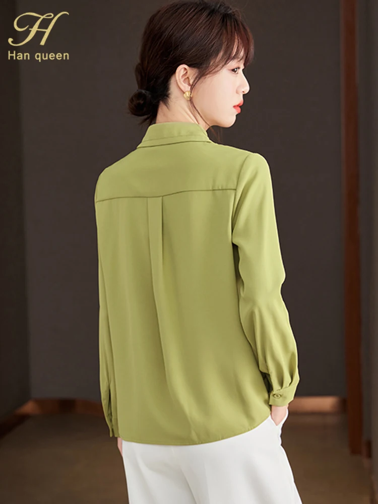 H Han Queen Spring Autumn Elegant Simple Single-Breasted Chiffon Women\'s Blouse Korean Loose Casual Vintage Shirts Office Tops