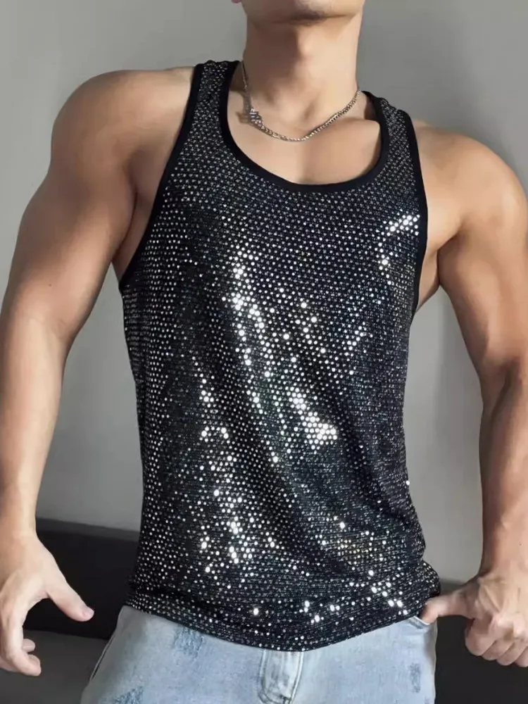 Mens Summer Shiny Sequined Tank Tops Gym Bodybuilding T-Shirt Designer Casual Night Clubwear Tops Training Slim Fit Strap Tees