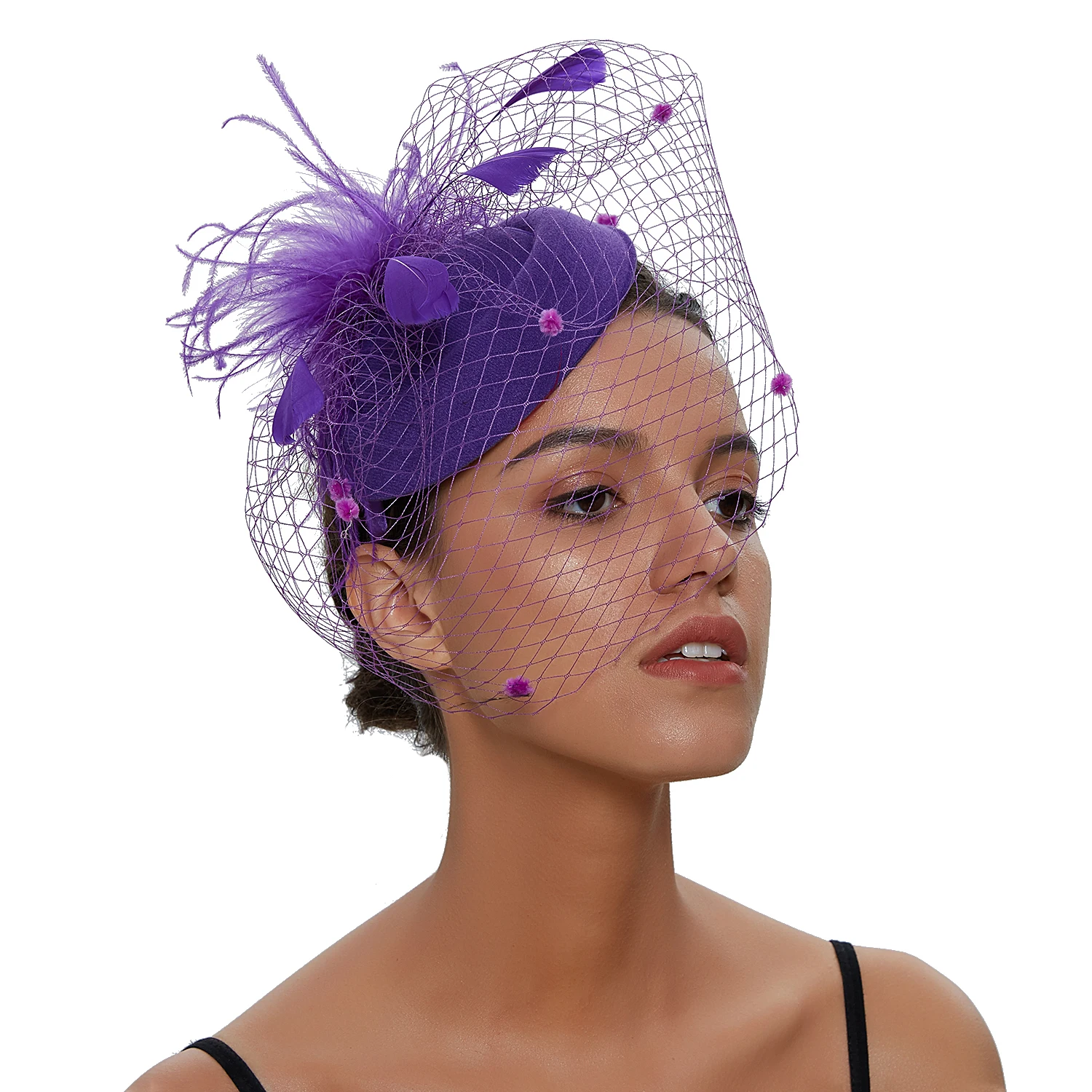 Damen Filz Fascinator Hut Fischnetz Schleier Kleine Plüsch Welle Punkt Dekor Haarspangen Hochzeit Braut Cocktail Kopfbedeckung Fasciantor – Detail 2