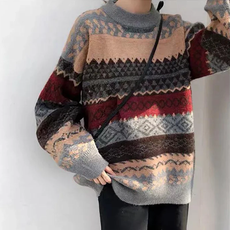 Vintage Argyle Casual Simple Loose Streetwear Outewear Knitted Sweater Women Autumn Winter Thick Long Sleeve Pullovers Clothing