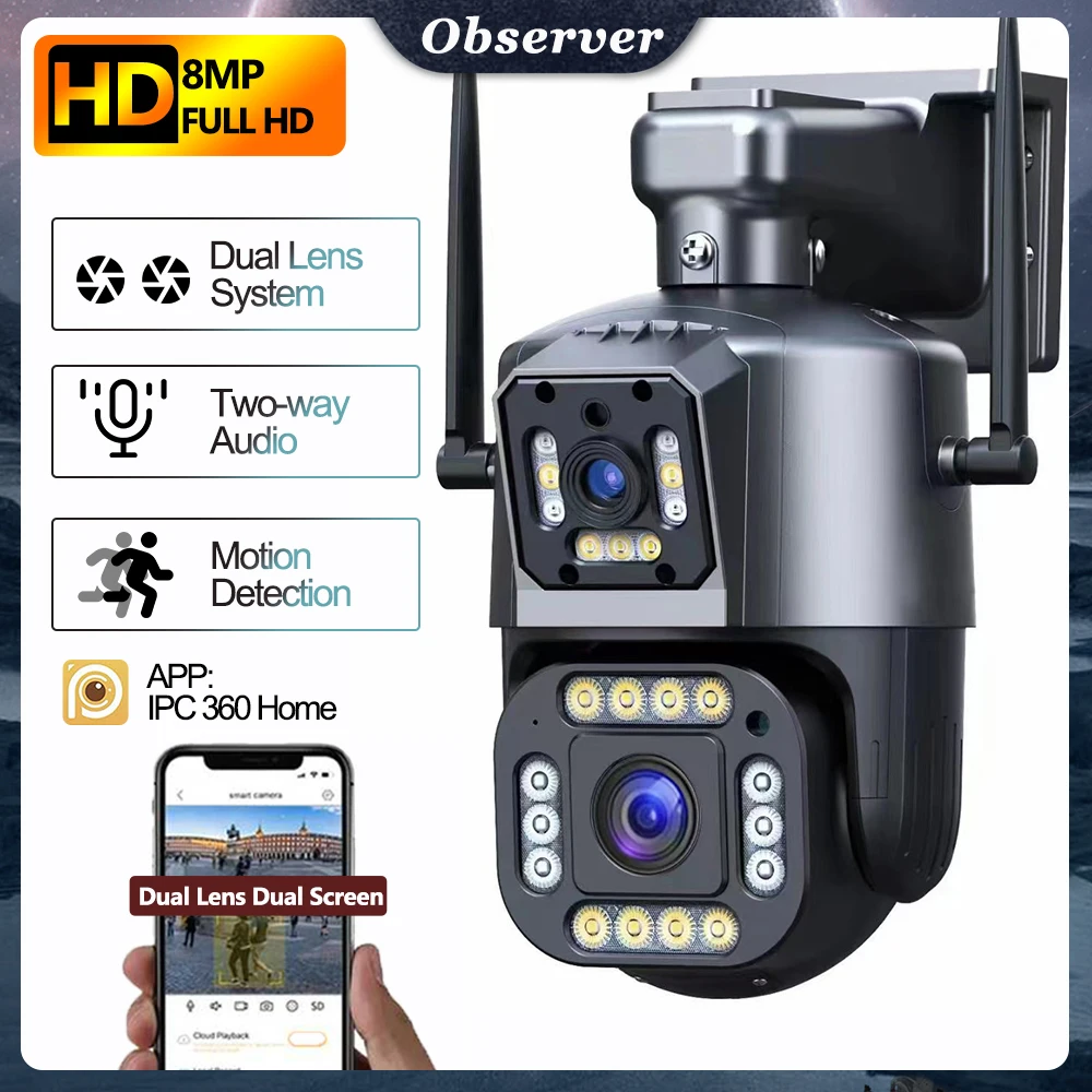 8MP Wifi Survalance Camera, Buiten, Dual Lens Dubbel Scherm, 10X Digitale Zoom, CCTV, Beveiliging, IP66, AI Detectie, Smart Home