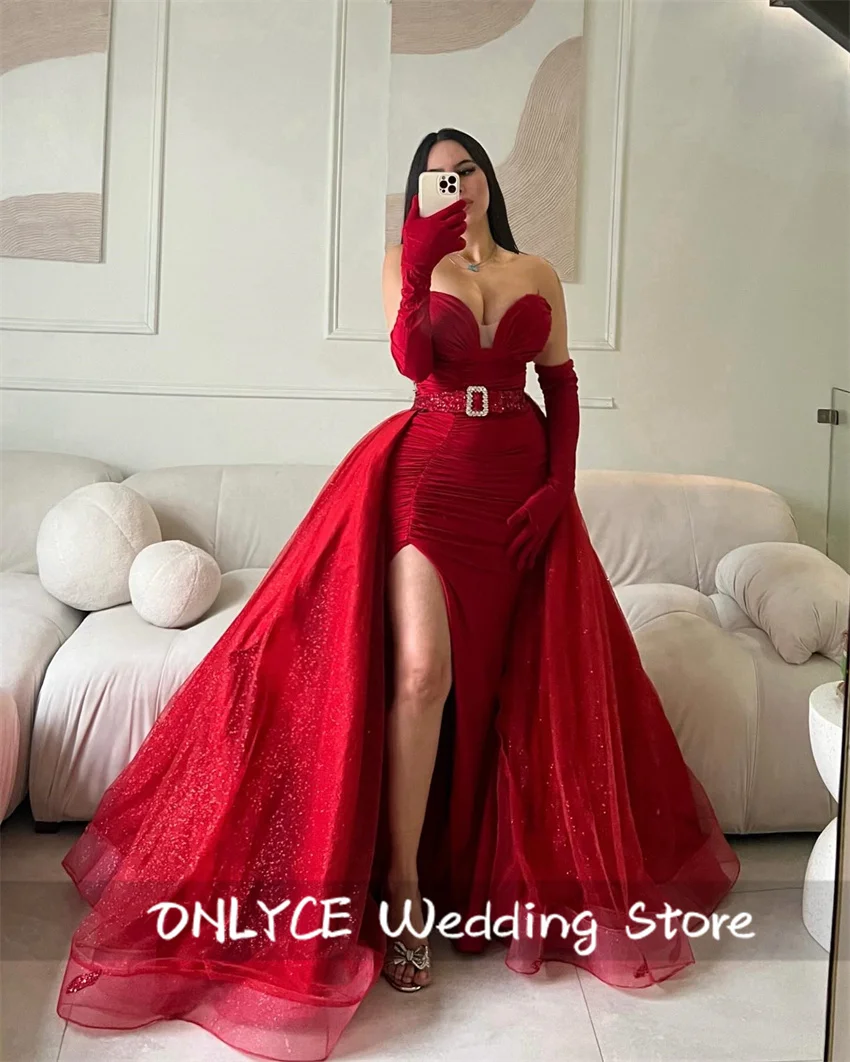 

Elegant Red Evening Dress Sweetheart Banquet Party Dresses Wedding Reception Gown Robe De Mariée With Gloves Detachable Train