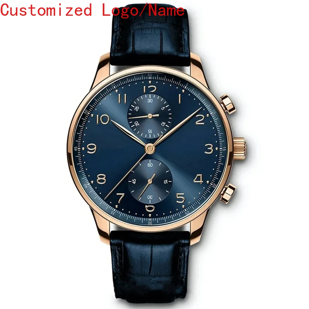 ساعة ميكانيكية أوتوماتيكية فاخرة للرجال ساعات ستانلس ستيل برتغالية لون ذهبي وردي أسود أزرق جلد مينا بيضاء #2