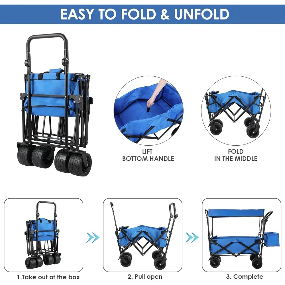 Heavy-Duty Extra Large Collapsible Wagon with Removable Canopy, 250lbs/262L Capacity, Foldable Garden Cart with Rear Storage for