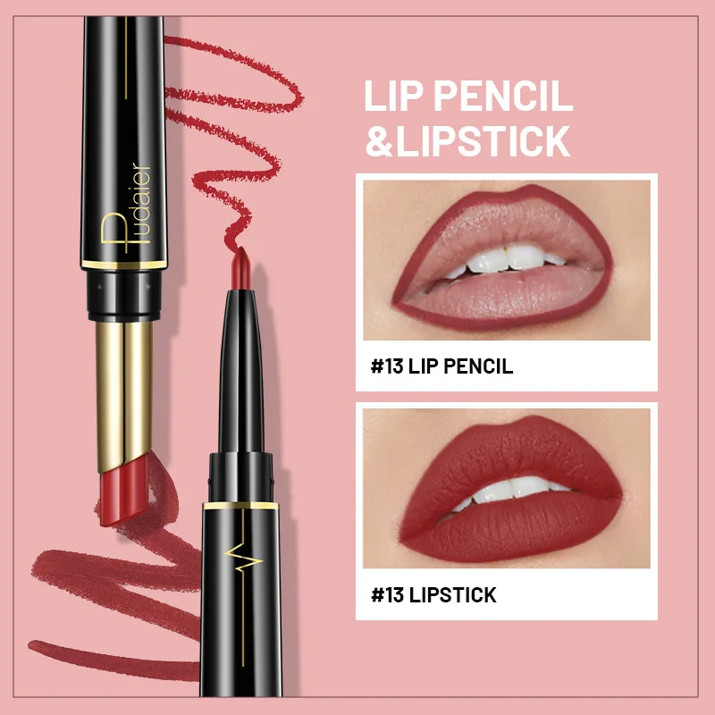 2 In 1 Matte ลิปสติกดินสอ Double Head Lip Liner ปากกาสีแดง Nude Long Lasting Waterproof Lady Charming Lip ดินสอแต่งหน้าเครื่องมือ