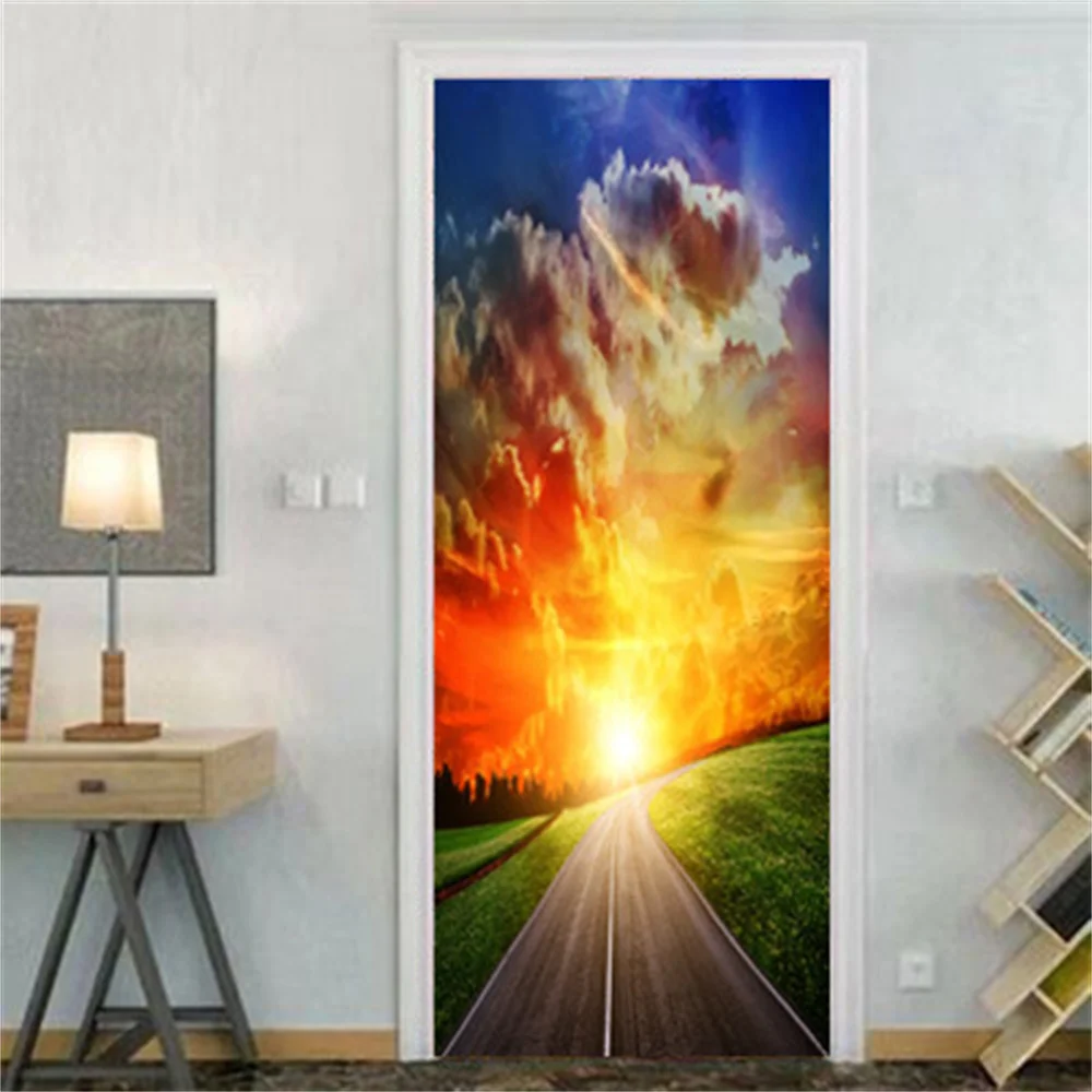 3D Highway Door Sticker Dazzling Sunshine Wallpaper Decal Natural Landscape Mural Self-adhesive Removable Home Living Room Decor