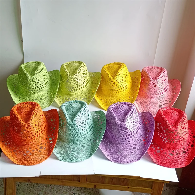 8 Colors Cowboy Straw Hat Hand-woven Hollow Men's and Women's Summer Sun Hat Jazz Straw Hat Western Cowboy Hat sombrero