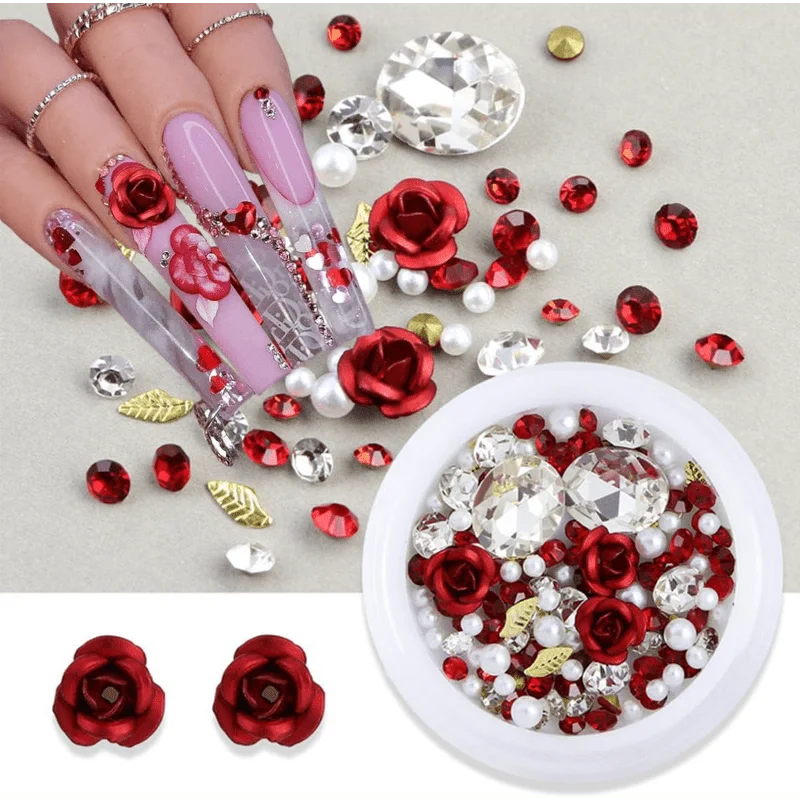 Two Containers of 3D Rose-Shaped Metal Aluminum Floral Nail Art Supplies Can Serve As Tools for Jewelry Casting, Resin Embellishments, And Nail Art for Valentine'S Day, Featuring Sparkling Pink And Red Rose Rhinestones