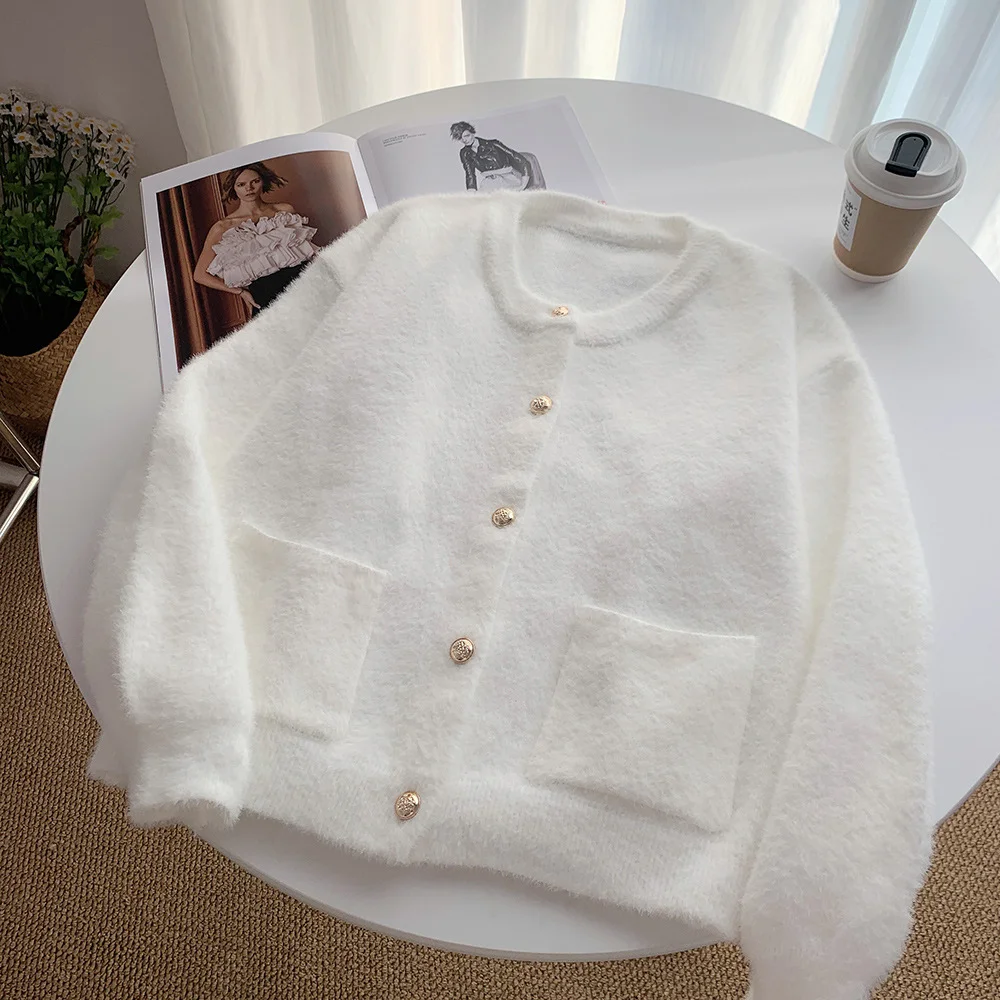 

Elegant Gold Button Sweater Women's Spring Autumn O-neck Knitted Cardigan Top Versatile Imitation Mink Fur Single Breasted Coat