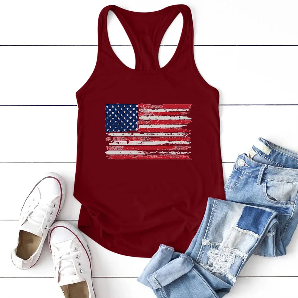 Seeyoushy American Flag Print Summer Casual Fashion Women's Tank Top Printed Vest Women's Crewneck Sleeveless Shirt Top Mujer