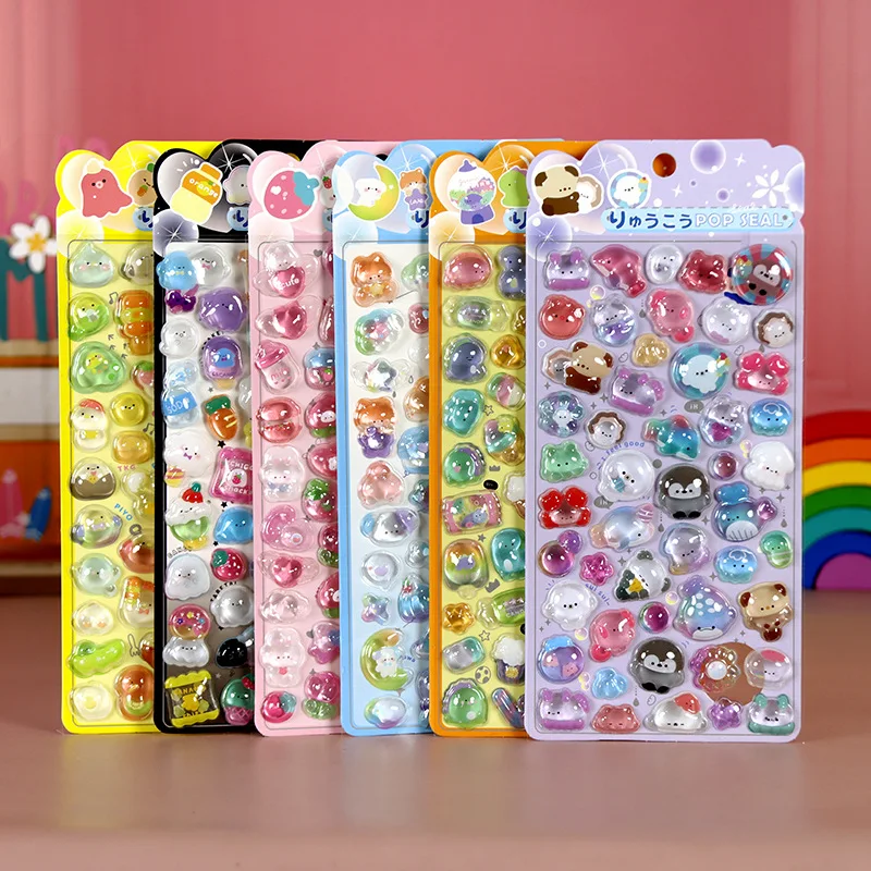 6 Pcs Embossed Stickers Cute Cartoon Animals 3D Solid Crystal Painted Decorative Decals