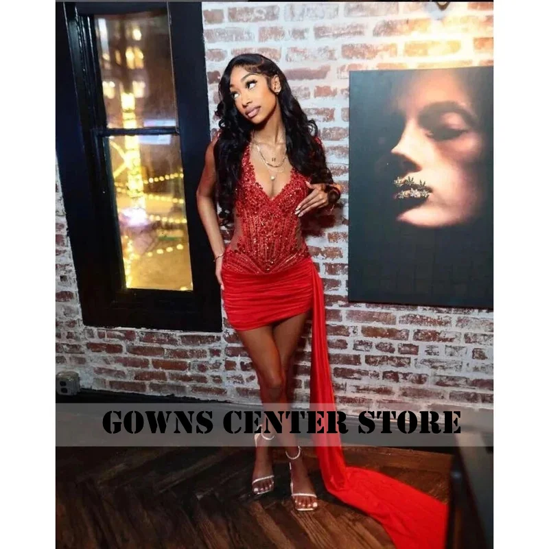 

Роскошное красное сексуальное блестящее короткое платье для выпускного вечера с v-образным вырезом и хрустальной наклейкой, платье для выпускного дня рождения, 2026 на заказ