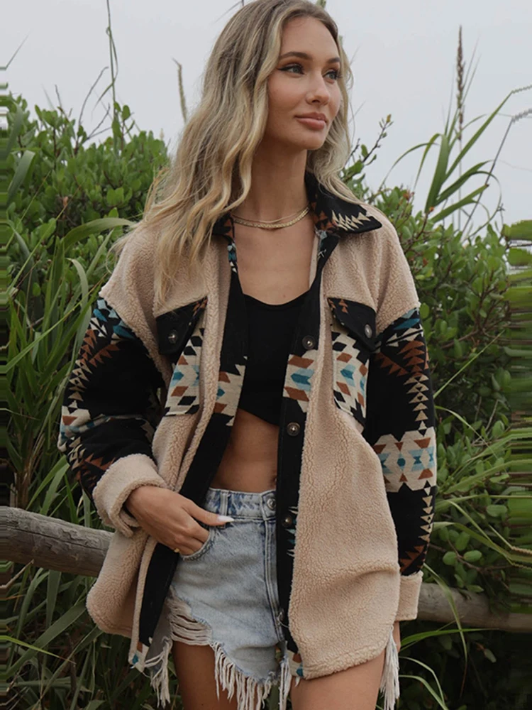 Gypsylady Retro AZTEC Painted Jacket Long Coat Autumn Winter Vintage Long Sleeve Pocket Women Ladies Blend Jackets Chaqueta Top