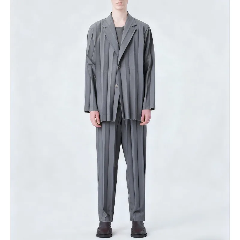 

Europe New Miyake Pleated Men Casual Blazer Jacket Fashion Elastic Elastic Waist Straight Pants Non-iron Plisse Suit Office Wear