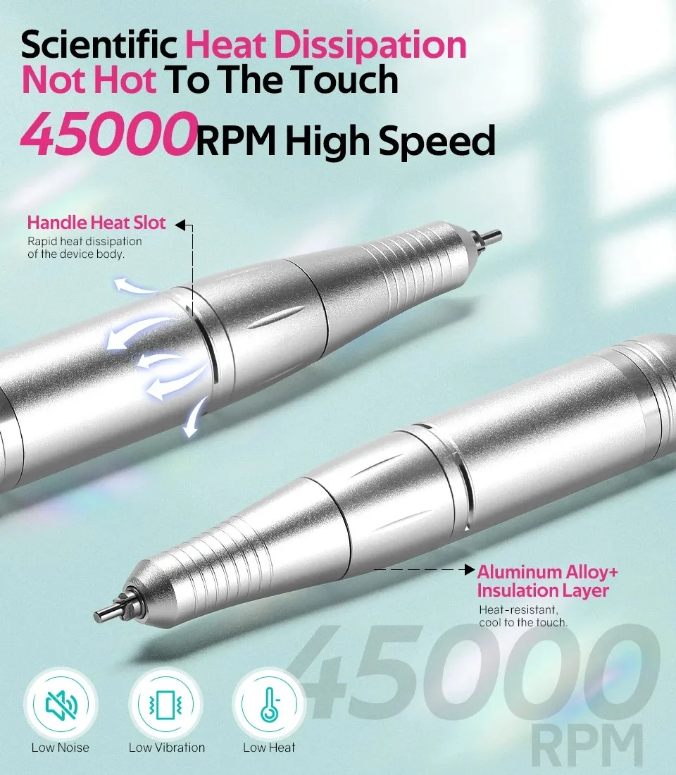 45000RPM Electric Nail Drill Machine Set USB Charging Low Voice Electric Nail Lathe with HD LCD Display