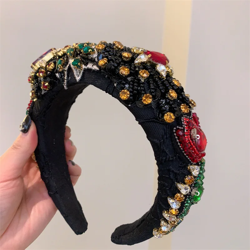Pink Red Hair Hoops Retro Baroque Rhinestone Handmade Head Hoops Women\'s Style Fashion High Grade Sponge Hair Accessories