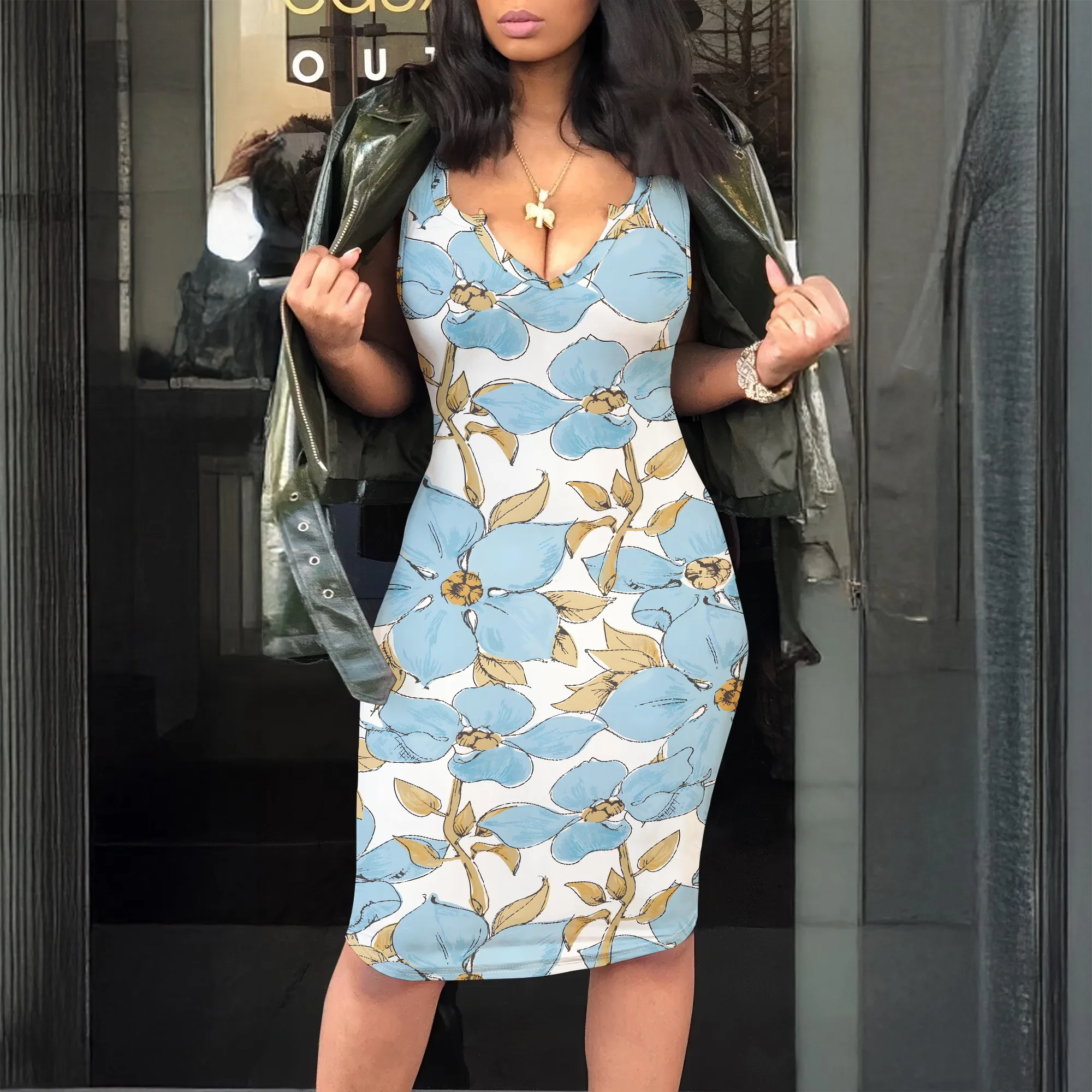 

Blue Floral V-Neck Tank Dress, Bodycon Mini Dress for Women, Summer Casual Party Wear, S-2XL