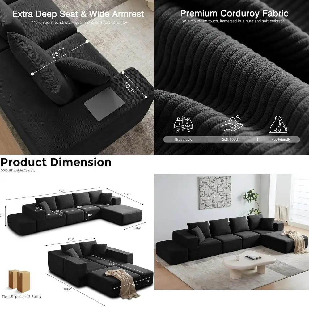 

Большой вельветовый диван-облако, 6-местный, с глубоким сиденьем и пеной с эффектом памяти, черный диван с 6 подушками, для гостиной или офиса, готов к использованию