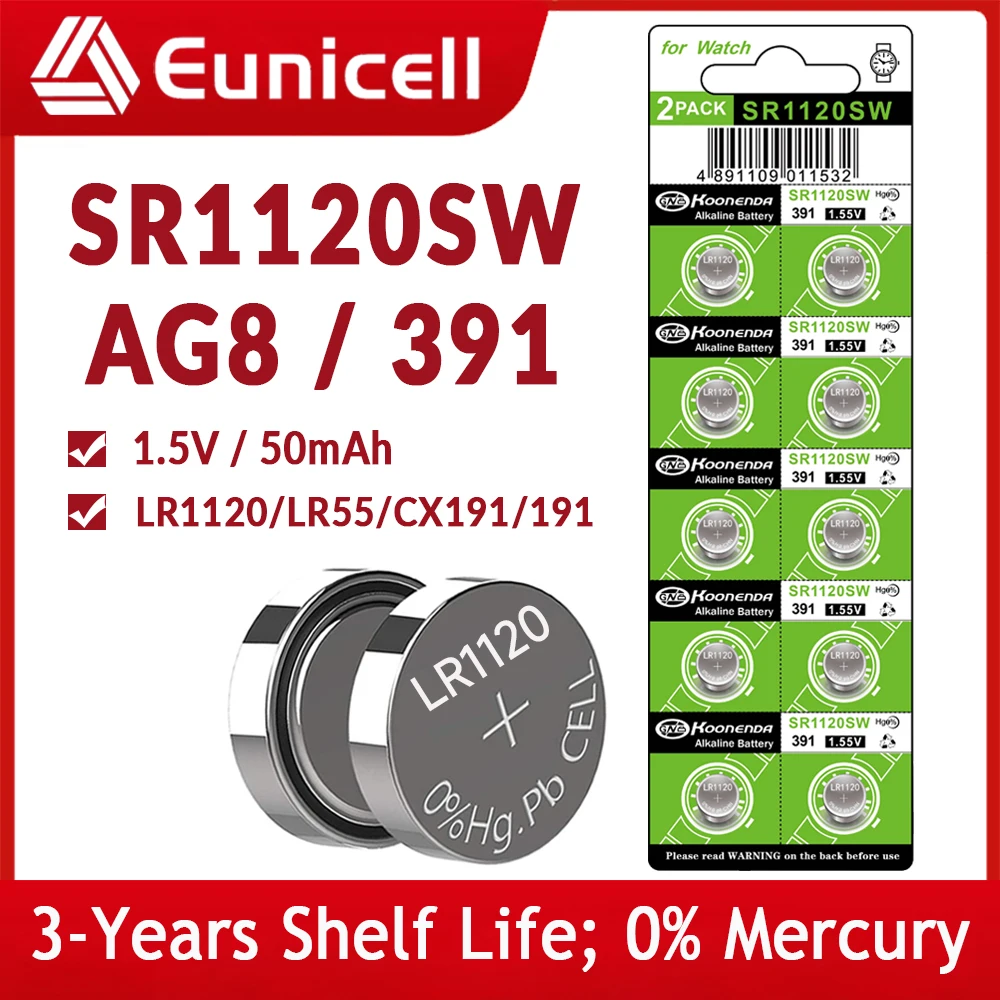 

Eunicell 10-50PCS LR1120 AG8 391 Button Pilas Batteries SR1120SW SR1120 LR1120W LR55 CX191 191 1.5V Alkaline Cell Coin Battery