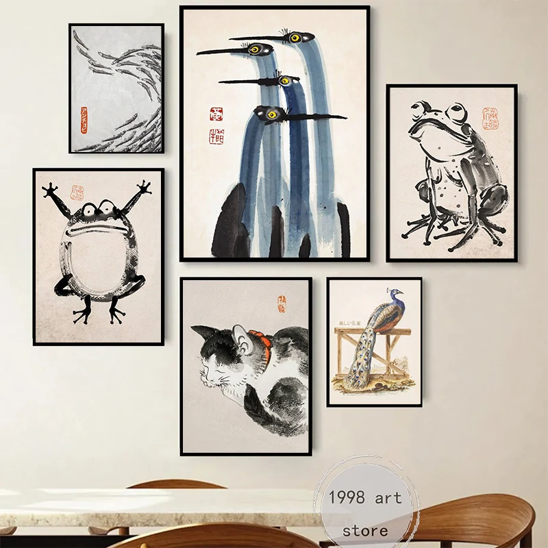 Póster Artístico de grulla antigua Vintage Japandi, pintura en lienzo, impresiones de pared, imagen para sala de estar, decoración del hogar, pájaro, gato, pez, Rana