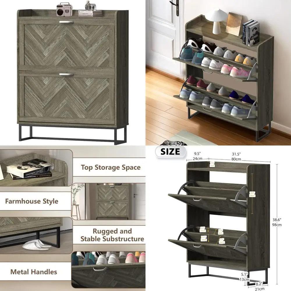 خزانة تخزين الأحذية على طراز المزرعة مع درجين، منظم أحذية ضيق للمدخل، رف مخفي بأرجل معدنية