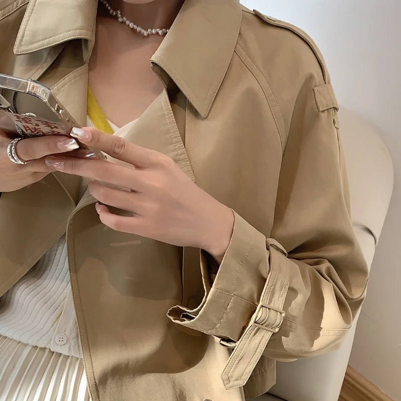 Khaki Cropped Trench Women Baggy Korean Office Lady Leisure Popular Basic Autumn Outerwear Harajuku Vintage  Coats New 2023