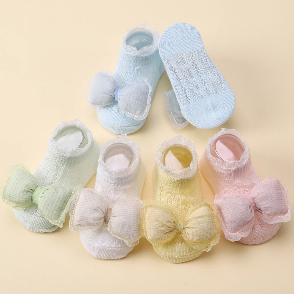 2pcs Lovely Baby Bows Socks Set Fresh Candy Color Breathable Short Socks with Sweet Flower Headband Elastic Hairband for Newboen