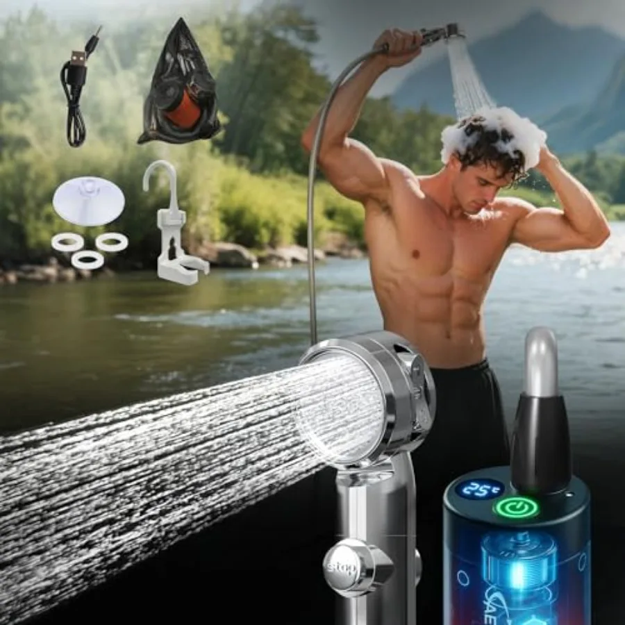 

Portable Shower for Camping Rechargeable Portable Shower Pump with LED Display 3-Level Spray Modes Strong Pressure Long Battery