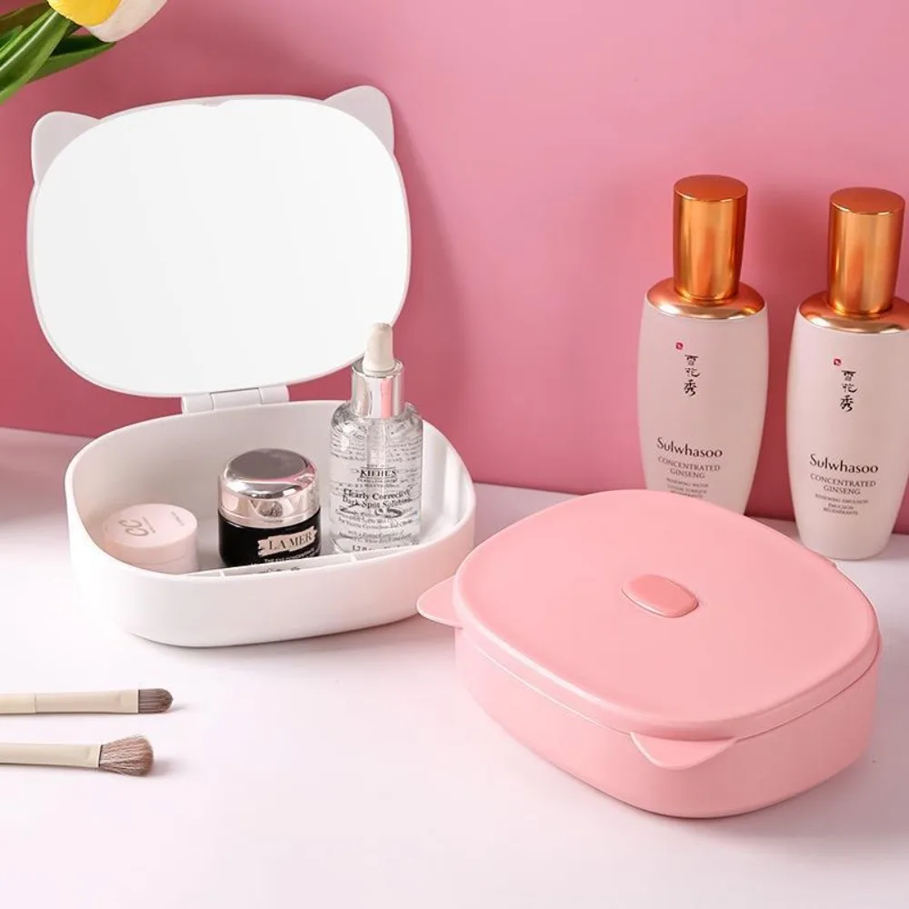 With Storage Box Folding Storage Mirror High Definition Without Dead Corners Cat Ear Makeup Mirror Multi-compartment Storage