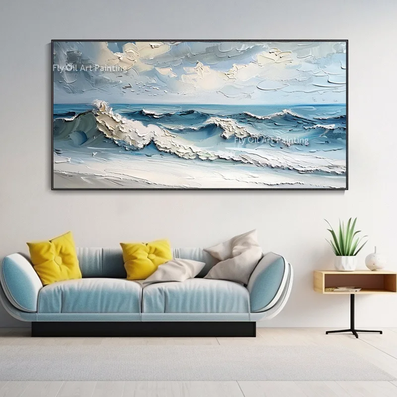 Abstract Blue Knife Wave Oceanscape Oil Painting Handmade People Playing On The Beach Sea View Canvas Painting For Home Decor