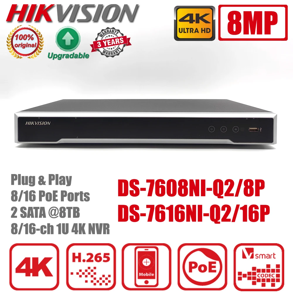 Hikvision DS-7616NI-Q2/16P 8/16CH with POE Ports 4K H.265 2 SATA NVR DS-7608NI-Q2/8P Network Video Recorder CCTV System