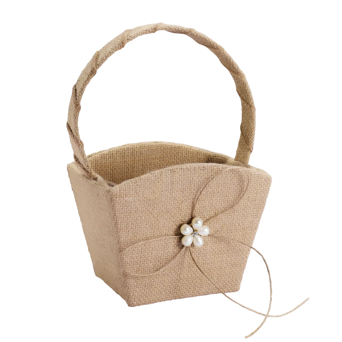 

Vintage Wedding Burlap Basket Western Rustic Lace Bowknot Flower Girl Basket with Handle