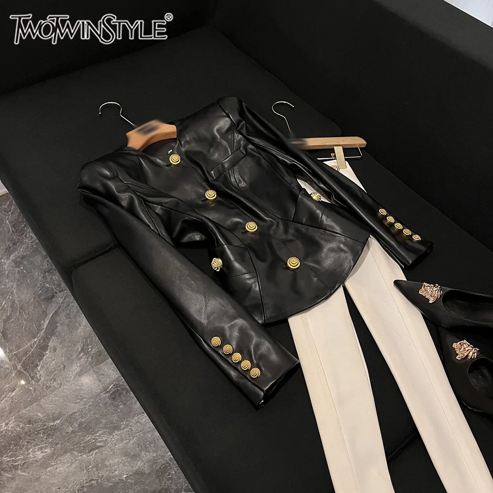 

TWOTWINSTYLE Solid Spliced Button Slim Casual Jackets for Women Round Neck Long Sleeve Tunic Casual Coats Female New KJA520862