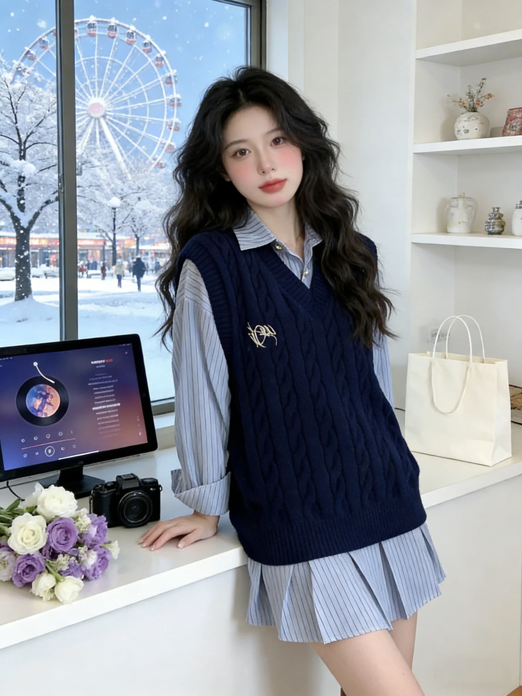 

Spring Fashion Korean Style Women's Knitted V-Neck Vest And Striped Shirt Dress Set College Wind in Dark Blue Regular Sleeve