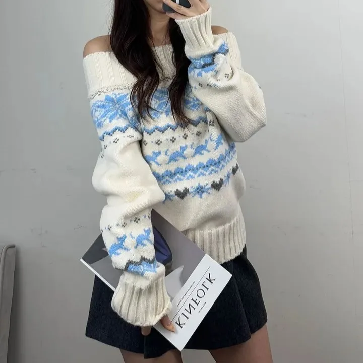 Dames Herfst Winter Chic Retro Fair Isle Knit Eén schouder ow off oulder High ade Sensation Super goed uitziende top