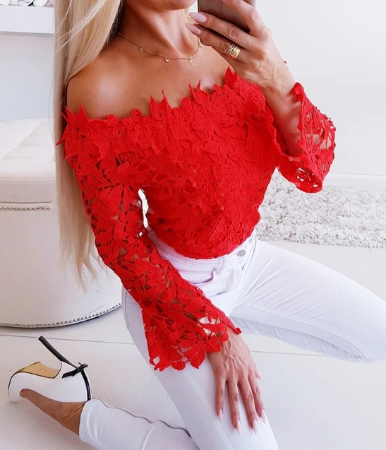 Sexy Blouse for Women 2024 Spring Slash Neck Long Sleeve Off Shoulder Crop Top Lace Hollow Out Slim Fit Blouse Slim Fit Pullover